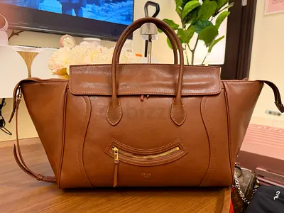 Brown Celine-style Leather Tote Bag with Crossbody Strap