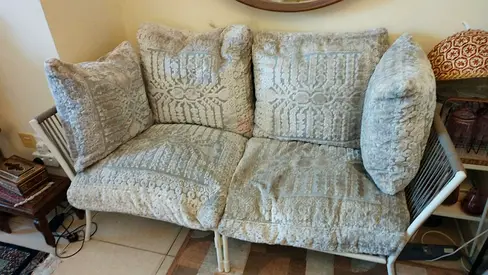 Two-seater fabric sofa with cushions - light grey, good condition