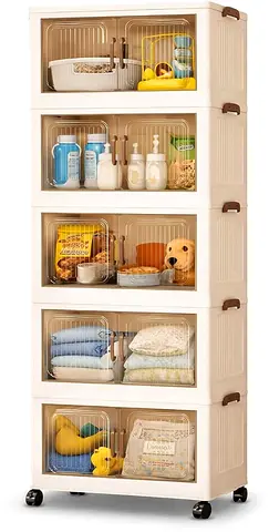 5-Drawer Plastic Storage Cabinet with Lockable Transparent Doors on Wheels
