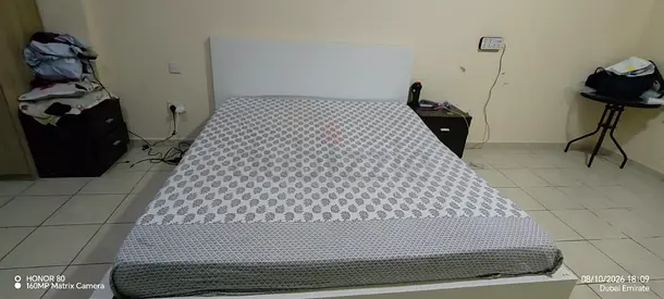 White platform bed frame with mattress - good condition
