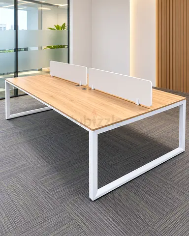 Modern 4-Seat Oak Finish Office Bench Desk with White Frame and Dividers