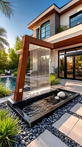 Modern outdoor water feature fountain with cascading beads