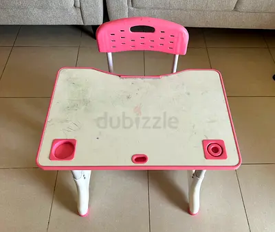 Pink kids study table and chair set - used