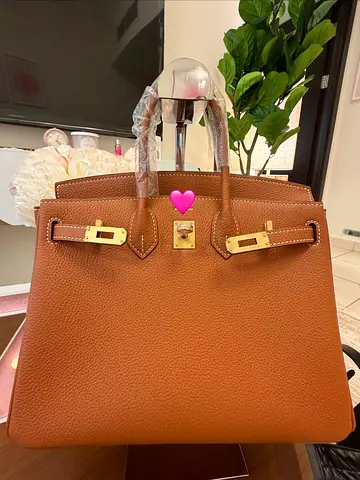 Classic Tan Structured Leather Tote Bag with Gold Hardware