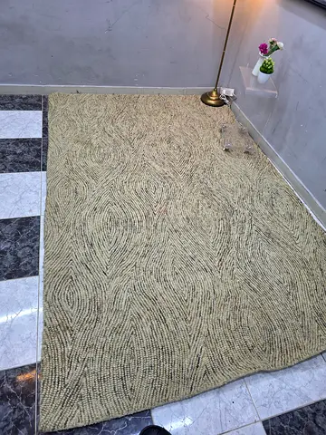 Beige textured woven area rug - good condition, 2.9x1.9m (approx)