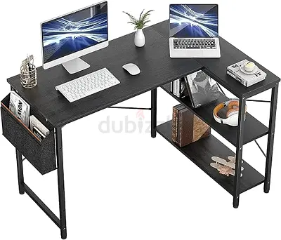 L-shaped Corner Computer Desk with Shelves and Storage Bag - Black