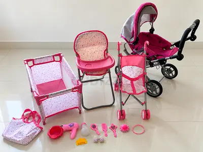 Kids Doll Nursery Set - Stroller, Playpen, High Chair & Accessories (Pink)