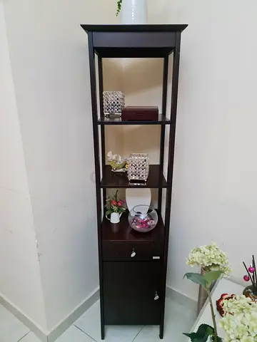 Tall Dark Brown Display Shelf with Drawer & Cabinet – Slim Storage Unit