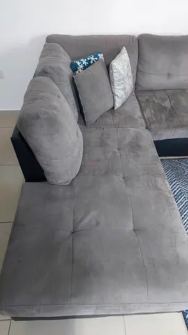 L-shaped Grey Fabric and Black Faux Leather Corner Sofa (Good Condition)