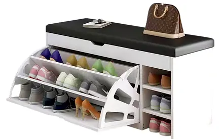 White Shoe Storage Bench with Cushioned Seat — 3-Tier Flip Shelves