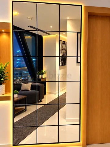 Large Decorative Grid Wall Mirror with Black Frame and LED Backlight