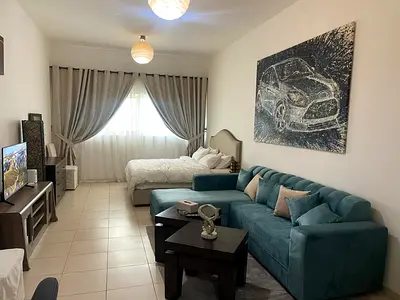 Furnished studio for monthly rent 🏡 at Ajman One Tower, Al Rashidiya 3 ✔️ Includes utilities, internet, and parking ⚡📶 Book now!