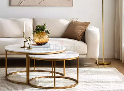 Set of 2 real white Marble Coffee Tables with Gold Metal Base