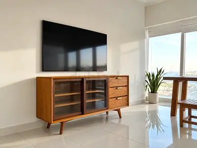Mid-century Modern Wooden TV Console / Media Unit with Glass Doors