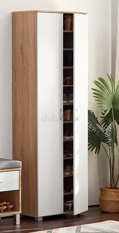 Tall Wooden Shoe Cabinet with White Doors – Narrow Storage Wardrobe