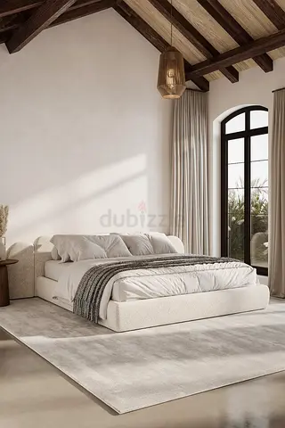 Off white boucle curved top headboard king bed