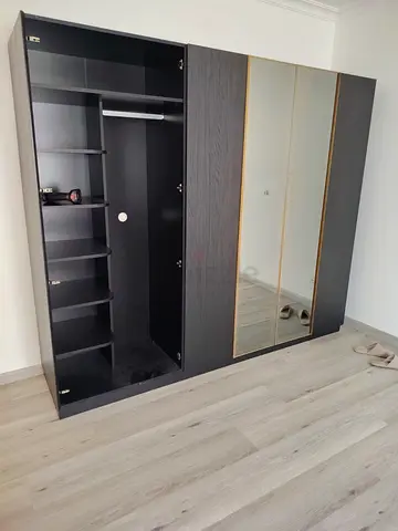 IKEA PAX-style 6 door wardrobe with mirrored doors - dark wood finish