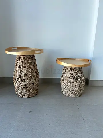 Pair of woven rattan side tables with removable trays (ikea-style)