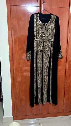 Black Abaya with Gold Embroidered Front Panel and Cuffs - Size Approx M/L