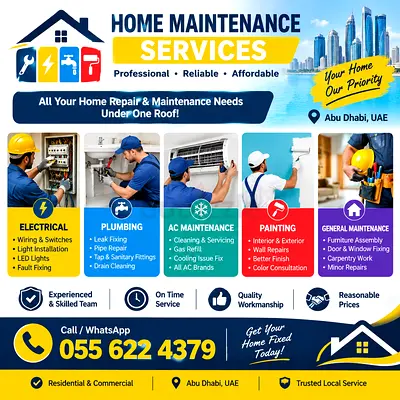 Home Maintenance & Repair Services Flyer - Abu Dhabi (Plumbing, Electrical, AC, Painting)