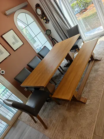 Solid wood table and bench plus 7 Crate&Barrel leather chairs