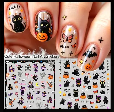 Cute Halloween Cat Nail Art Stickers - Waterproof Decals