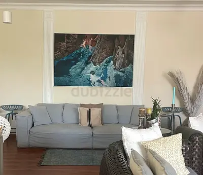Comfortable 3-Seater Light Blue Linen Fabric Sofa with cushions from PIER IMPORT — Good Condition
