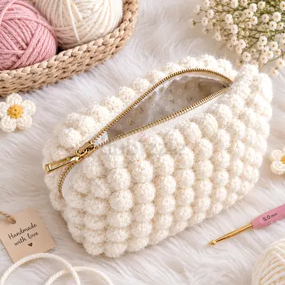 Handmade Cream Crochet Bubble Pouch - Small Zipper Makeup Bag