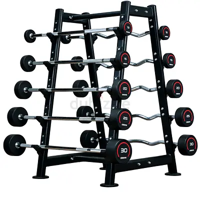 Set of EZ Curl Bars with Rack and Weighted Plates - Good Condition