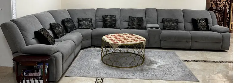 L shape Grey Fabric Recliners Sofa with Cup holders
