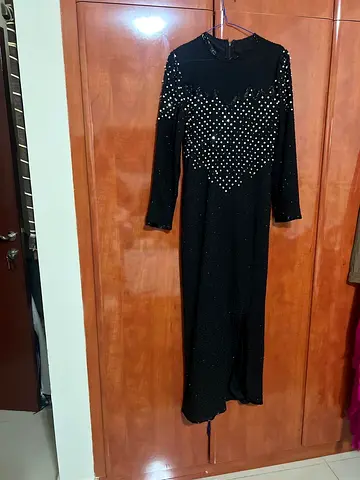 Black long evening dress with pearl embellishments, size approx M