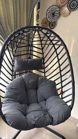 Black Wicker Hanging Egg Chair with Cushions and Stand