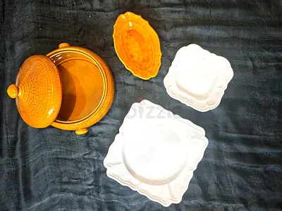 Set of ceramic serving dishes and lidded casserole - white & mustard