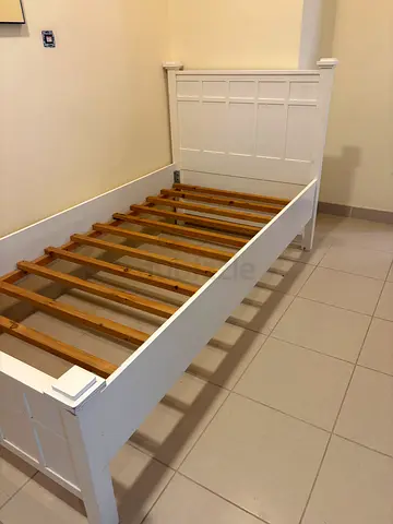 White wooden single bed frame with slats - good condition 107cm X 214  with mattress