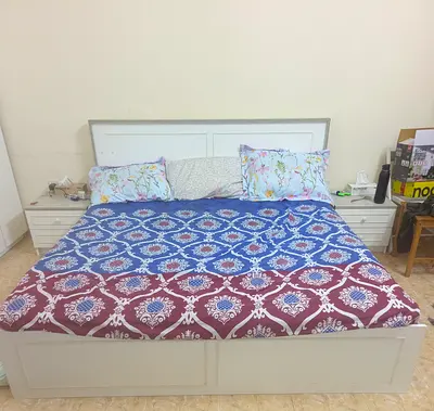 Queen size white wooden bed frame with bedside tables (set)