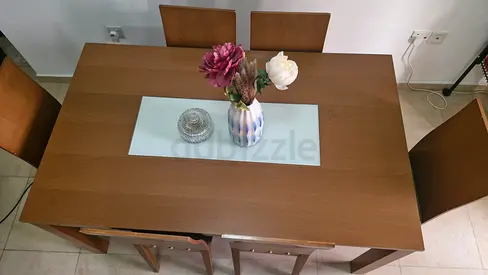 Dinning table Set of 6 Wooden Dining Chairs with Grey Fabric Seats table with tempered glass