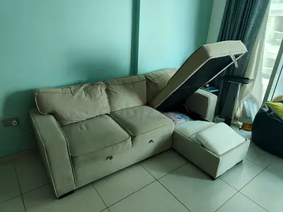 Beige Fabric L-shaped Sofa with Storage Chaise - Good Condition