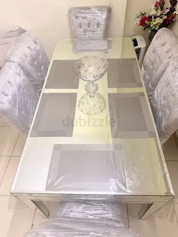 Mirrored Glass Dining Table with 6 Upholstered Chairs