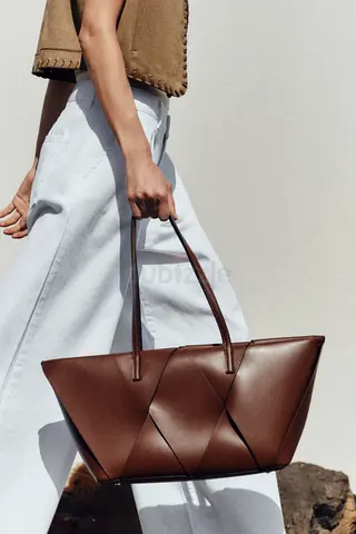 Zara Woven Elongated Tote Bag in Dark Brown/Tan