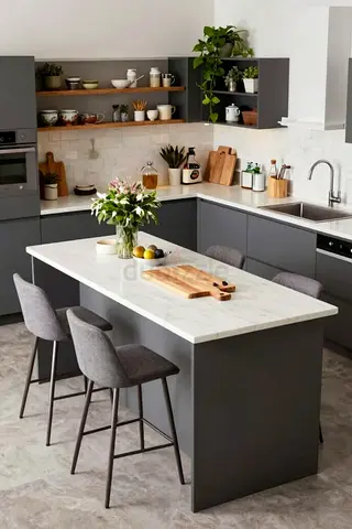 Modern Grey Kitchen Island with Marble Top