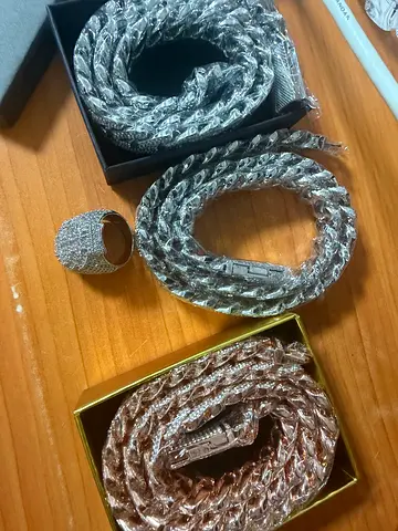 Three men's chain necklaces (silver & rose gold) with diamond dollor-styled ring