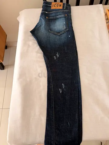 Men's dark blue distressed jeans - slim fit, size medium