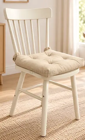 White Wooden Dining Chair with Beige Seat Cushion - Good Condition