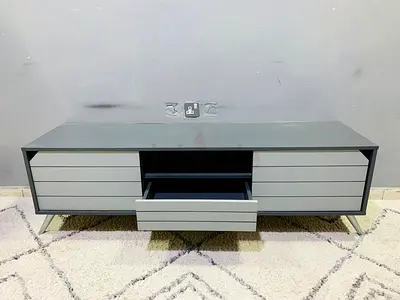 Low Gray TV Console Cabinet with Central Drawer