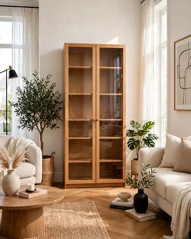 Tall Wooden Display Cabinet with Glass Doors - Good Condition