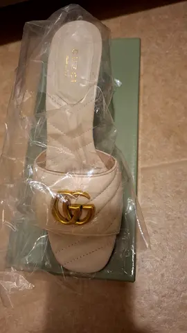 Beige Quilted Slide Sandals with Gold Double-G Logo (New, Size Unknown)