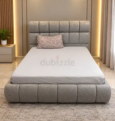 Modern Upholstered Grey  Bed with Padded Headboard