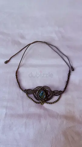 Handmade vintage-style headpiece or choker with blue cabochon centerpiece