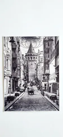 Vintage-style Black & White Street Print with Galata Tower no frame - Canvas (40x30 cm.)