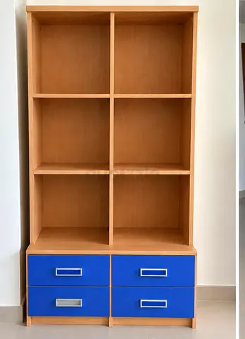 Wooden 8-Cubby Bookcase with 4 Blue Drawers - Good Condition